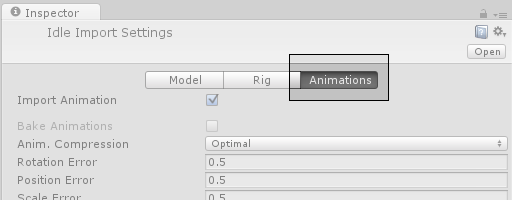 アニメーションファイルの Import Settings の Animations セクションを示します