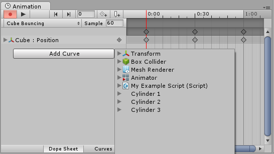 Add Curve ボタンを押したときリストとして子のゲームオブジェクトのプロパティーも表示されます。子のゲームオブジェクトは Animation View 上で展開することができます。
