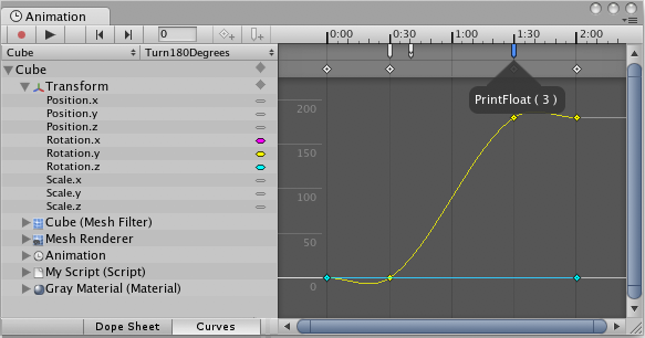 アニメーションイベントマーカー（ Animation Event marker ）の上をマウスオーバーすることで、呼出する関数と引数値が表示されます。