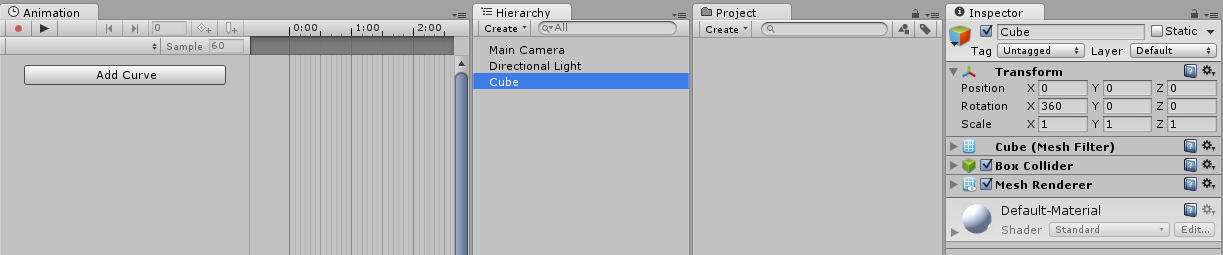 クリップ作成前: アニメーションにしていないオブジェクト (Cube) が選択されています。まだ Animator コンポーネントはついておらず、Animator Controller もありません。