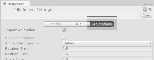 アニメーションファイルの Import Settings の Animations セクション