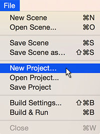File > New Project を選択することで、 Unity エディター内から新規作成画面を表示できます。