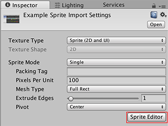 スプライトのインスペクターウィンドウ。赤枠で囲まれた部分が Sprite Editor ボタンです。Sprite Import Settings 内の全プロパティに関する情報は、スプライトに関するドキュメンテーション でご確認ください。
