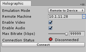 Remote to Device を選択した Holographic Emulation コントロールウィンドウ