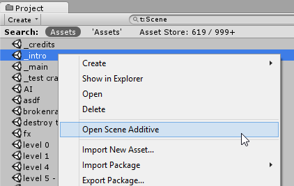 Open Scene Additive は、ヒエラルキー上に表示されているシーンリストに選択したシーンアセットを追加します。