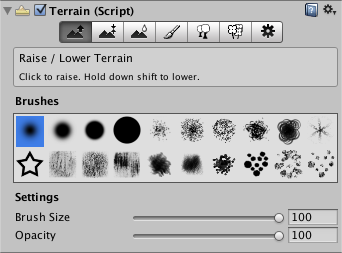 インスペクター上に表示される Terrain（地形）編集ツール