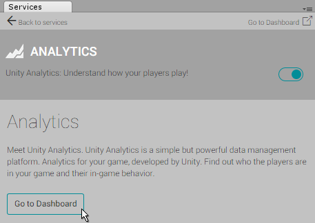 サービスウィンドウの Analytics セクションの「Go To Dashboard」ボタン