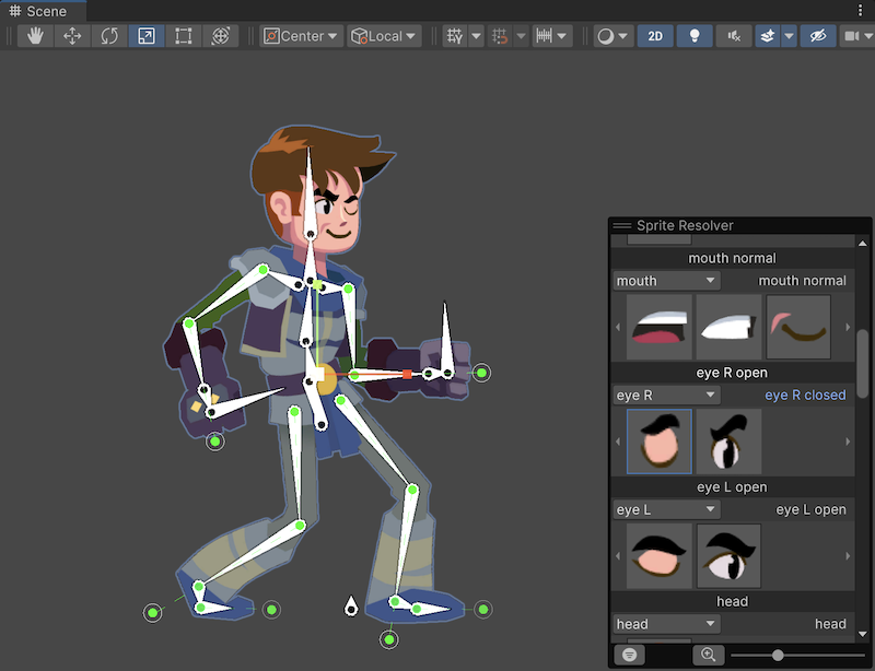 騎士のキャラクターと Sprite Resolver オーバーレイが表示されたシーンビュー。オーバーレイには、キャラクターの口、目、頭のさまざまなバージョンを切り替えるドロップダウンが含まれています。