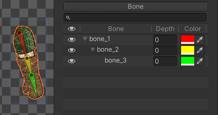 Bone パネル内の脚のスプライト。3 つのボーンの階層が赤、黄、緑のラベル色で表示されています。スプライトは同じボーンを同じ色で表示します。