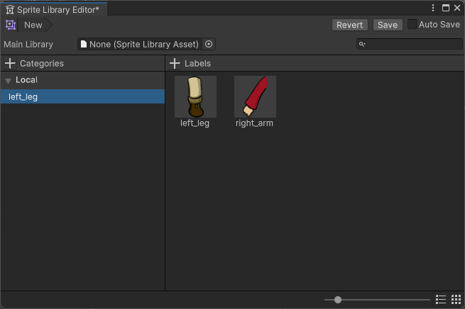 left_leg という名前の新しいカテゴリがある Sprite Library Editor ウィンドウ。Labels 列からドラッグされた left_leg スプライトと left_arm スプライトが含まれています。