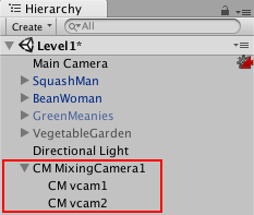 Cinemachine Mixing Camera と 2 つの子 Virtual Camera (赤枠内)