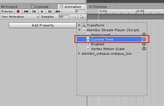 プロパティラベル CurrentTime にキーフレームを保存すると、アニメーションクリップが AlembicStreamPlayer の Time プロパティに接続されます。