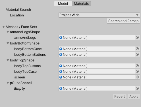 Import Settings ウィンドウ (Materials タブ)