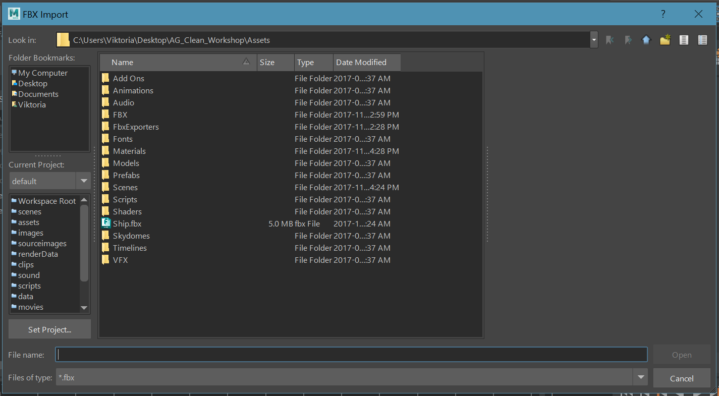 Autodesk® Maya® および Autodesk® Maya LT™ の FBX Import メニュー