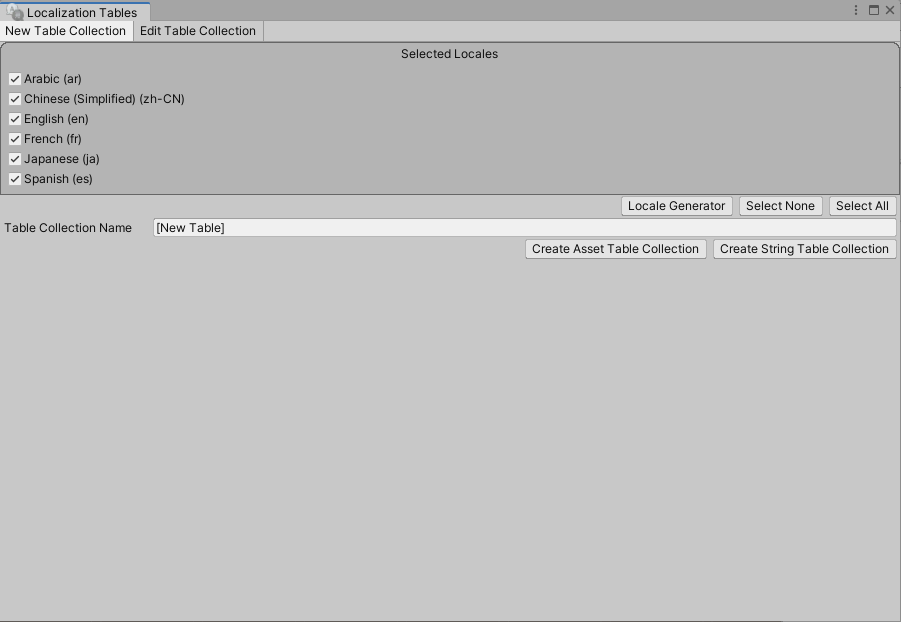 Asset Tables ウィンドウの Create Tables タブ