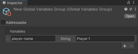 Variables リスト内で + ボタンを押して新しい String 変数を作成し、player-name と名付ける