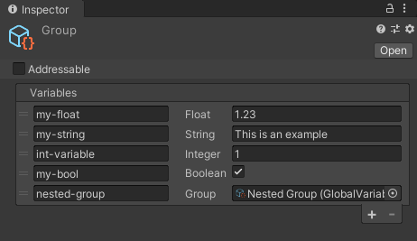 Inspector ウィンドウに、5 つの変数が設定された Variables Group アセットが表示されています。(上から順に、名前が my-float で値が 1.23 の float 型変数、名前が my-string で値が "This is an example" の string 型変数、名前が int-variable で値が 1 の int 型変数、名前が my-bool でチェックボックスが有効になった bool 型変数、名前が nested-group で Nested Group というアセットへの参照を持つネストされた変数フィールド)