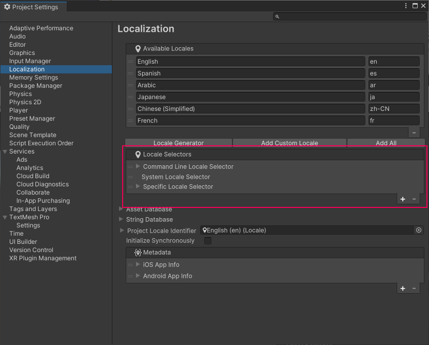 Localization の Project Settings ウィンドウ内で Locale Selectors を設定する