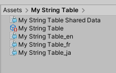 English、French、Japanese の String Table Collection アセットの例