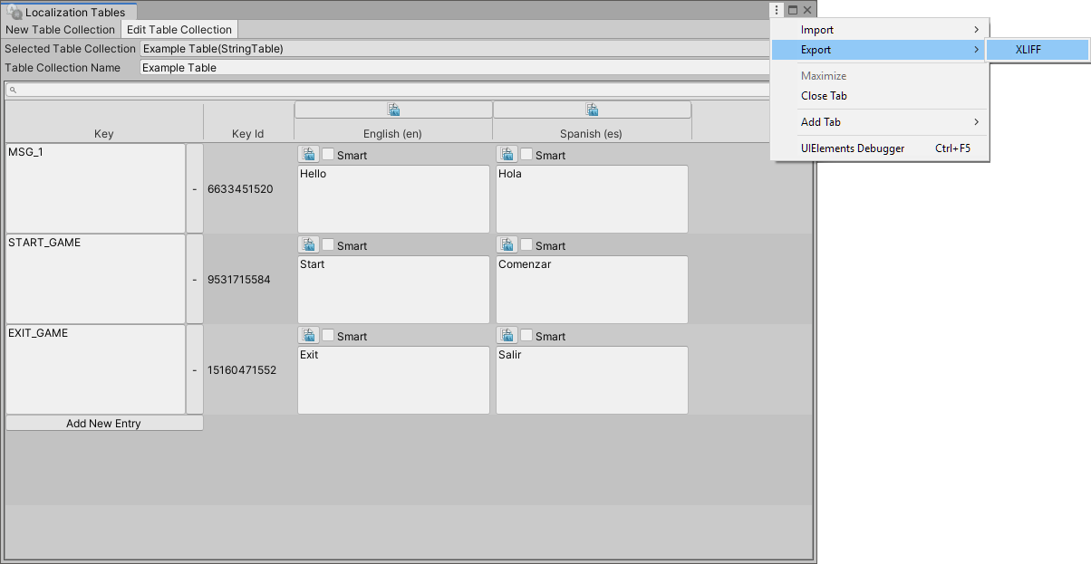String Table Collection ウィンドウの Export オプション
