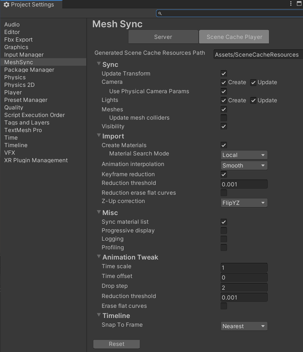 プロジェクト設定 | MeshSync | 0.15.1-preview