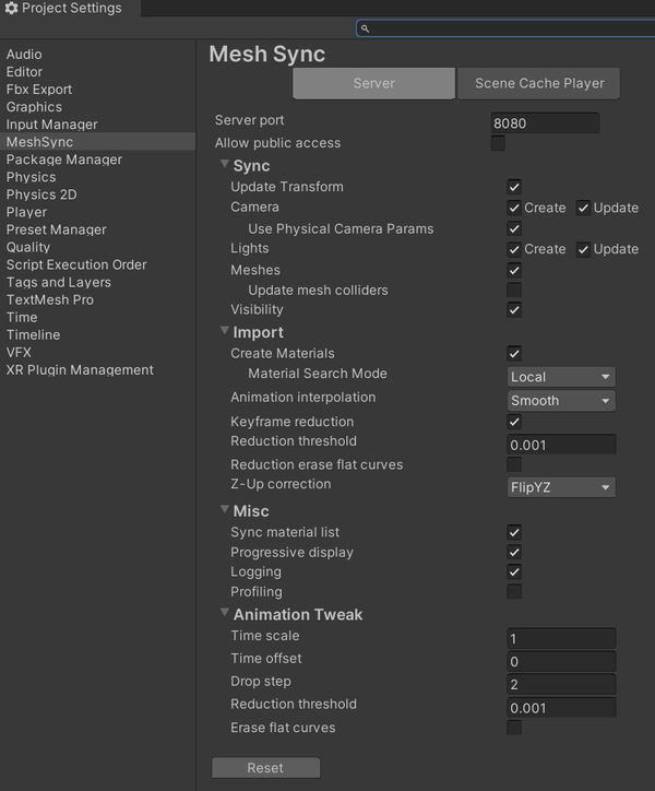 プロジェクト設定 | MeshSync | 0.15.1-preview