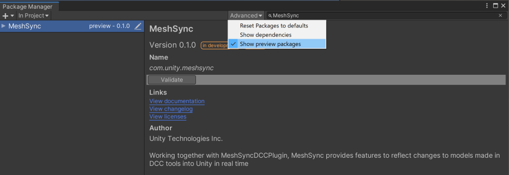 インストール | MeshSync | 0.9.3-preview