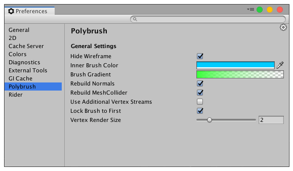 Polybrush 環境設定ウィンドウ