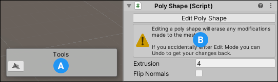 シーンビューの Tools パネル (A) と Inspector の Poly Shape コンポーネント (B)
