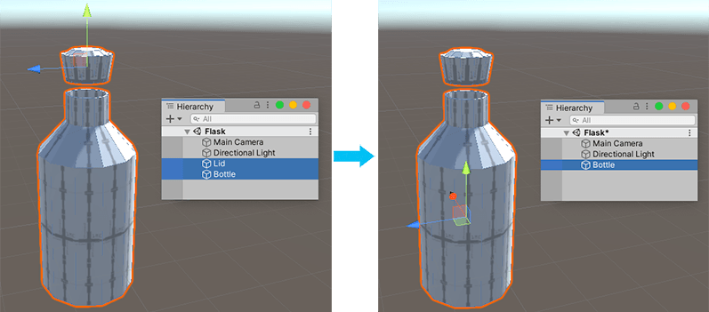 2 つの別々のゲームオブジェクト (Lid と Bottle) をマージして 1 つのゲームオブジェクトにする