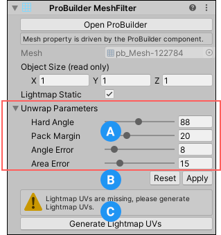 ProBuilder MeshFilter コンポーネントのライトマップのパラメーター