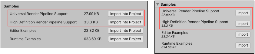 異なるバージョンの Unity エディターに表示された ProBuilder パッケージの Samples セクション