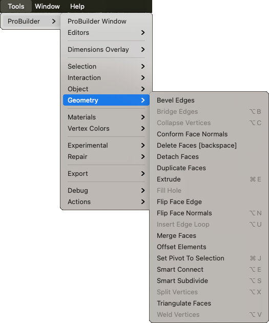 Tools > ProBuilder > Geometry メニュー