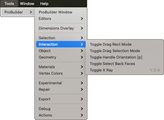 Tools > ProBuilder > Interaction メニュー
