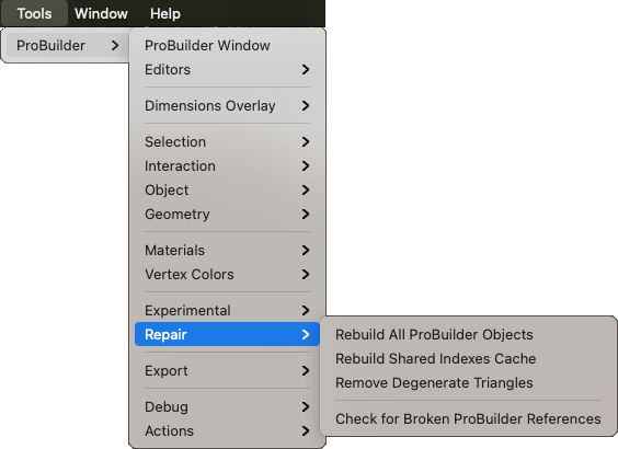 Tools > ProBuilder > Repair メニュー