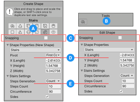 形状を新規作成するは Create Shape プロパティが表示されます。既存の形状を編集する時は Edit Shape プロパティが表示されます