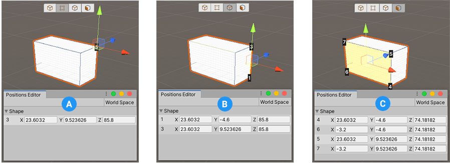 Vertex (A)、Edge (B)、Face (C) 編集モードで頂点位置を編集する