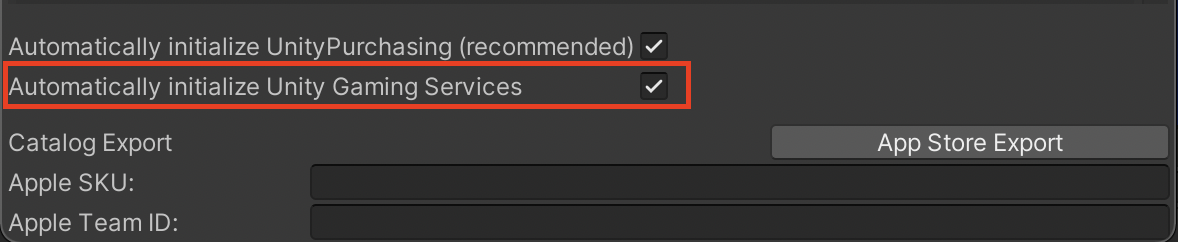 **IAP Catalog** GUI で Unity Gaming Services の自動初期化を有効にする