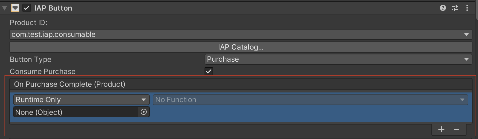 **IAP Button** イベントフィールドに購入処理スクリプトを割り当てる