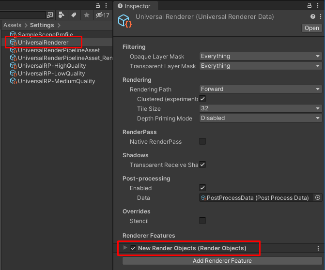 Renderer Feature が割り当てられている UniversalRenderer