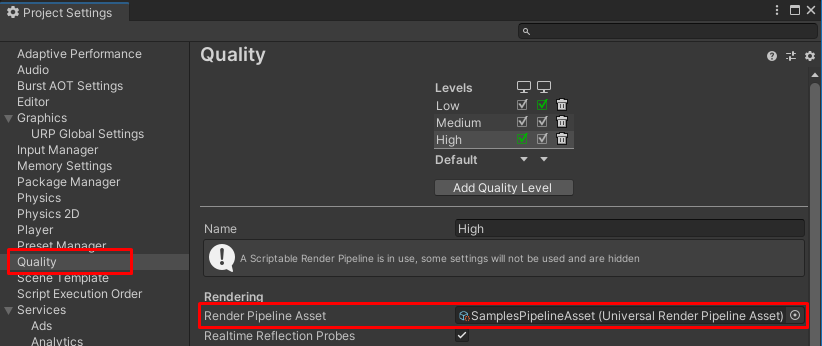 Project Settings > Quality > Render Pipeline Asset で、SamplesPipelineAsset を選択