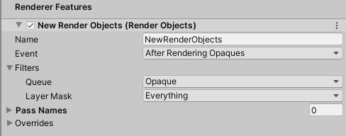 Render Objects Renderer Feature の Inspector ビュー