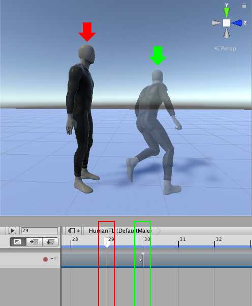 ヒューマノイドが、最初のアニメーションクリップ (フレーム 29、赤い矢印とボックス) と 2 つ目のアニメーションクリップ (フレーム 30、緑の矢印とボックス) との間でジャンプします。