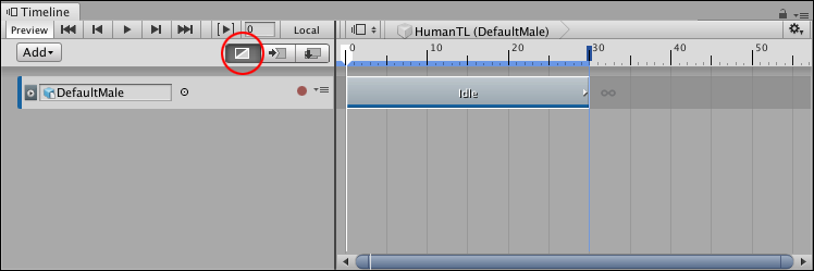 "DefaultMale" ヒューマノイドにバインドされたアニメーショントラック。アイドル状態のアニメーションクリップが含まれています。クリップ編集モードにはミックスモード (赤丸内) が選択されています。