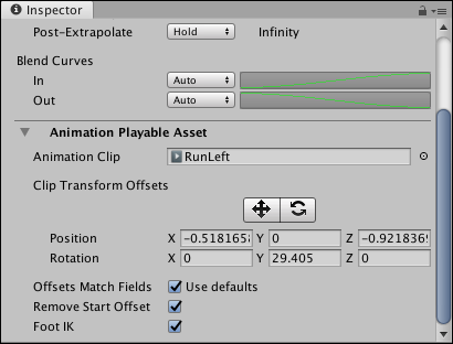 選択したアニメーションクリップの Animation Playable Asset プロパティーを表示する Inspector ウィンドウ