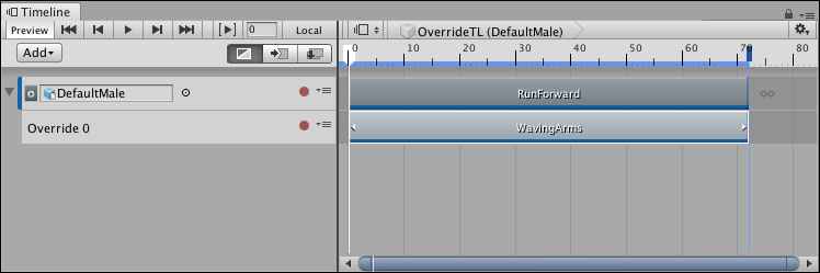 このアニメーションオーバーライドトラックには、1 か所に立ったまま腕を振るヒューマノイドのアニメーションクリップ ("WavingArms") が含まれています。このクリップは、親のアニメーショントラックのアニメーションクリップ ("RunForward") に合わせてサイズ変更されています。