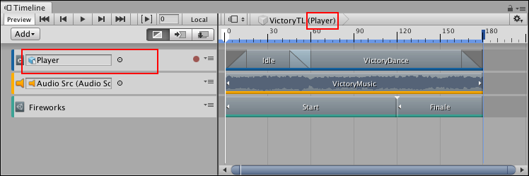 ゲームオブジェクト "Player" (赤枠内) が Timeline アセット "VictoryTL" に設定されています。