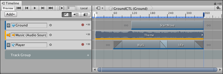 トラックグループを加えた Timeline ウィンドウ