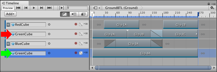 2 番目のトラック (赤矢印) と 4 番目のトラック (緑矢印) が同じゲームオブジェクト (選択中の GreenCube) をアニメーション化しています。4 番目のトラックは優先され、2 番目のトラックのアニメーションをオーバーライドします。