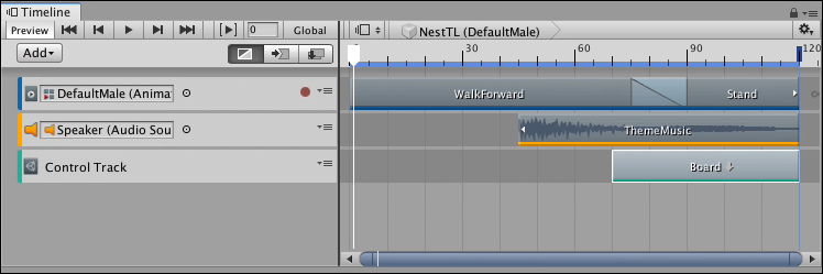 マスター Timeline インスタンス "NestTL" には、歩くキャラクターとテーマ音楽が含まれています。"Control" トラックがゲームボードのアニメーション用の Timeline インスタンス "BoardTL" をネストしています。